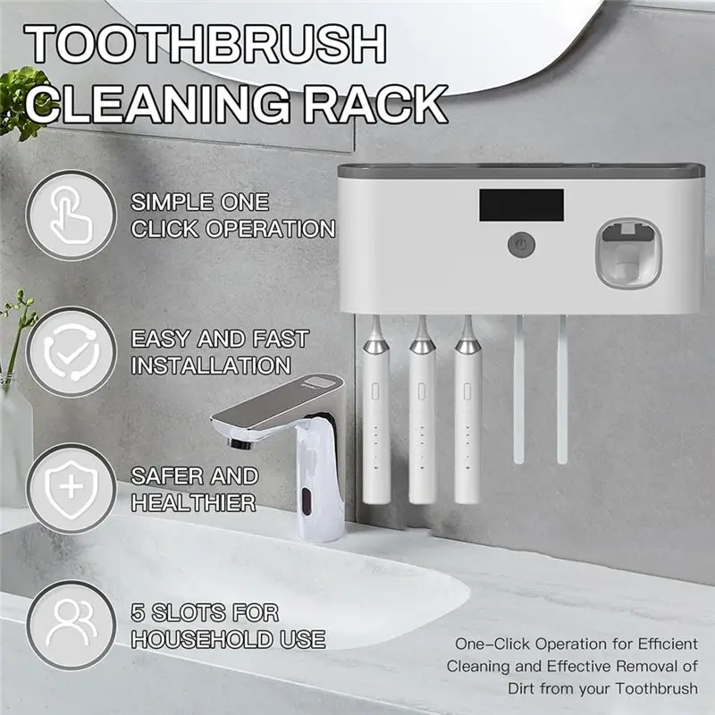 B89B-USB Rechargeable Toothbrush Disinfection Function Automatic Toothpaste Dispenser With 5-Slot Brush Storage Box Rack