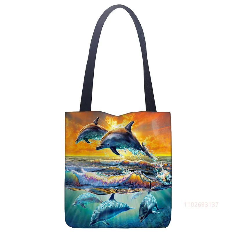 Tote Bags Ocean Dolphin Print Fabric Eco Handbag High Capacity Shopping Office Reusable Casual Shoulder Bag