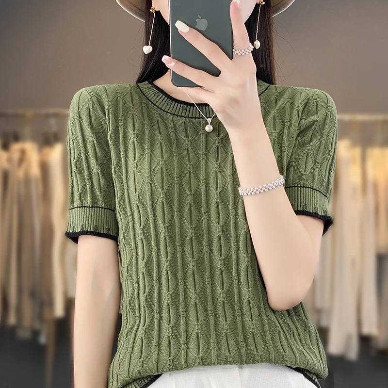 100% Cotton Knitted T-shirt Women's Casual Fashion Pullover Short Sleeve 2023 Summer New Round Neck Panel Korean Loose Top T-shi