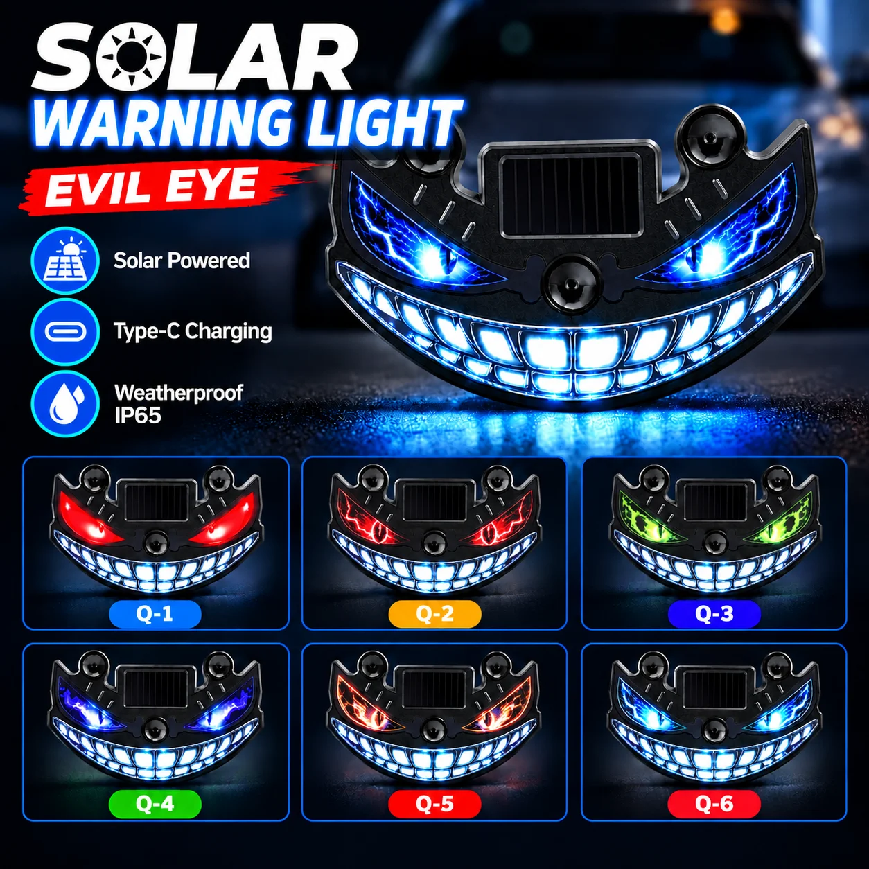 Universal Devil's Eye Ambient Light Solar/Type-C Charging Dynamic LED Cool Flashing Warning Decorative Safety Car Signal Lights