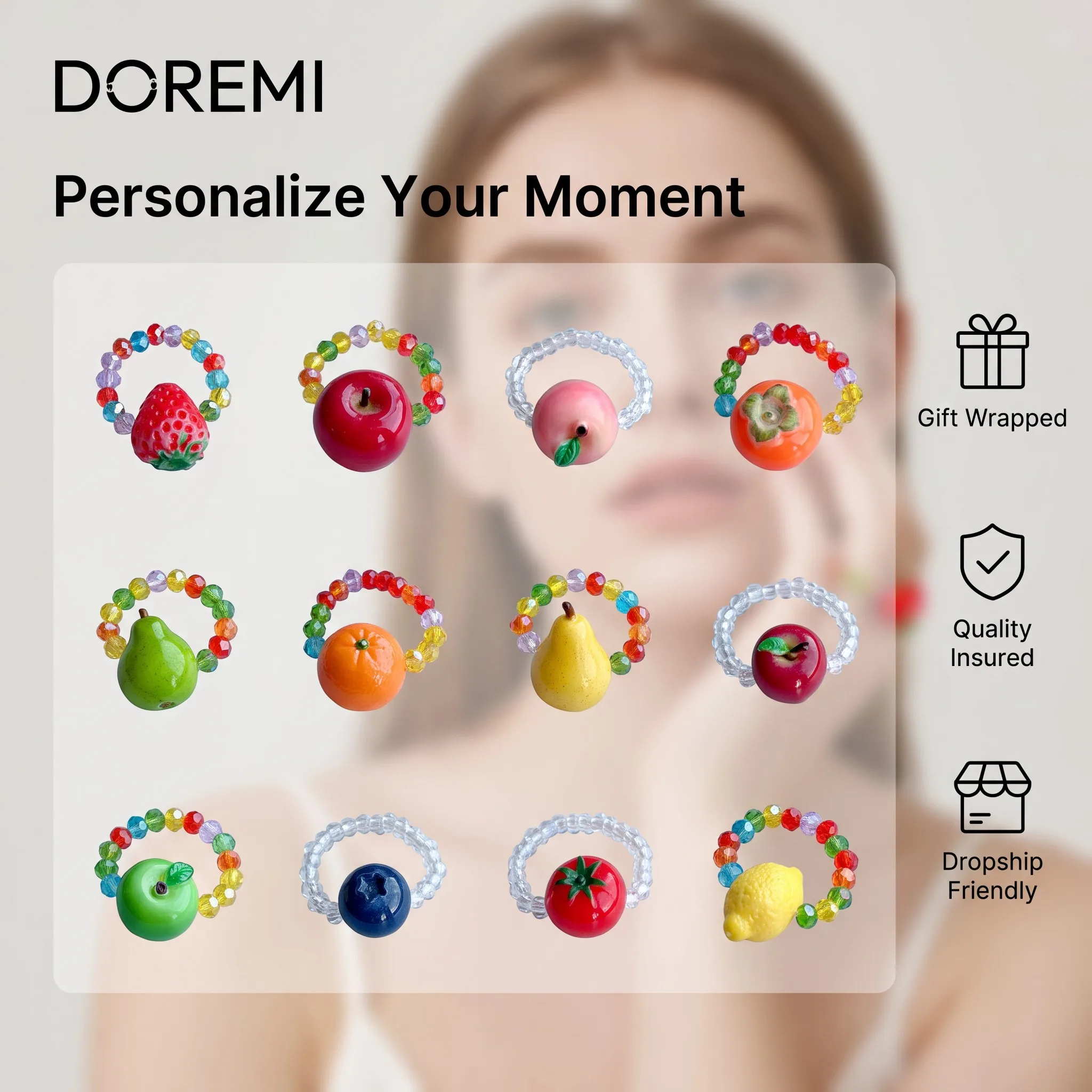 DOREMI Fruit Core Realistic Bead Ring 3D Resin Handmade Elastic Band Y2K Dopamine Aesthetic Jewelry Ring