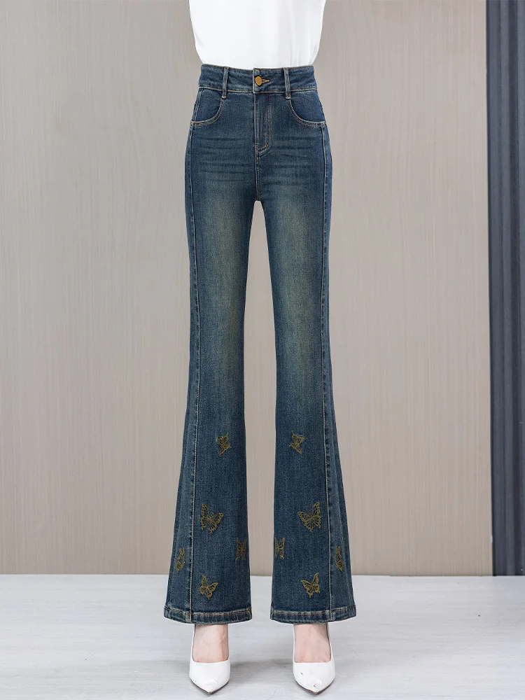 

High Waist Embroidered Micro Flared Jeans Women's Spring Autumn New Style Slim Fit Retro Small Size Flared Pants