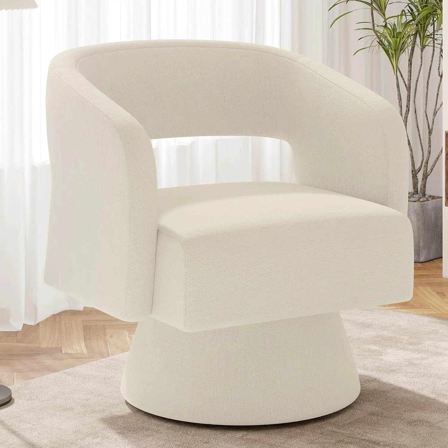 Oversized Chenille Swivel Barrel Chair, 360 Degree Round Accent Chair for Living Room Bedroom Office, White, 1PCS, Customized