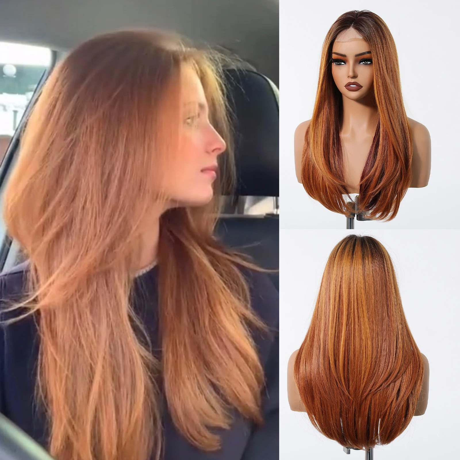 ยาวตรงทองแดงวิกผมสังเคราะห์ Hairline ลูกไม้ด้านหน้าวิกผมธรรมชาติวิกผมกลางสําหรับคอสเพลย์ทุกวันไฟเบอร์ทนความร้อน