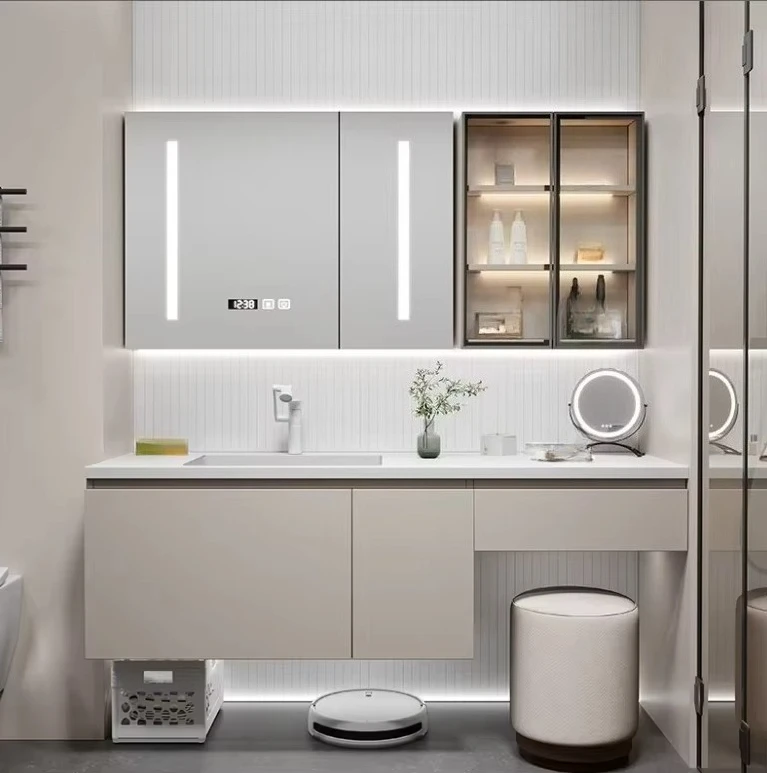 

Bathroom Cabinet Set with Dressing Table and Washstand, Featuring Granite and Ceramic Basin, for the Bathroom.