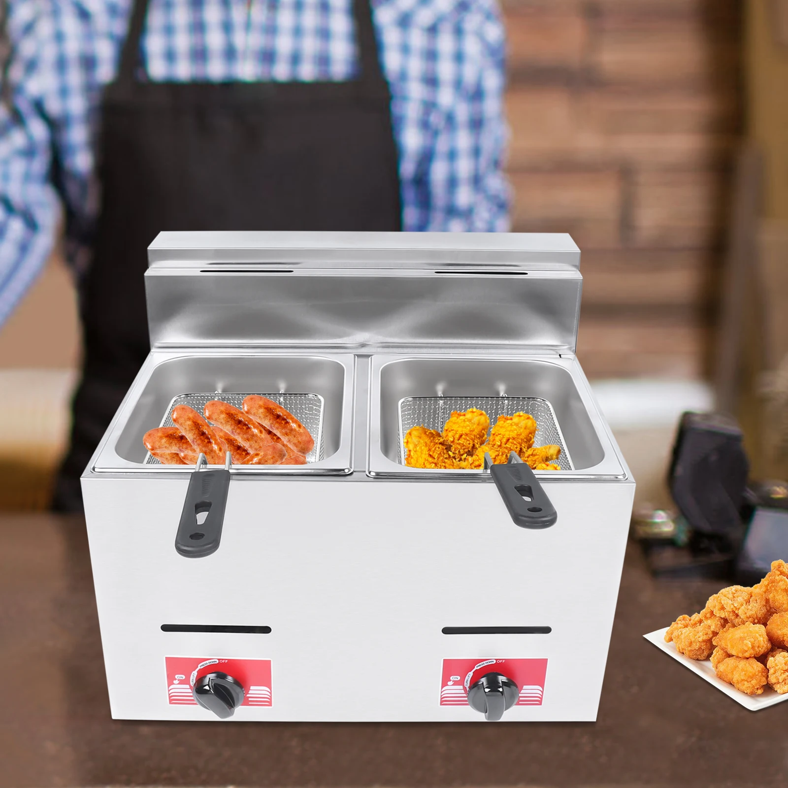 

6L*2 Commercial Propane Deep LPG Fryer Countertop Stainless Steel Gas with 2 Baskets + 2 Lids for French Fries Restaurant Home