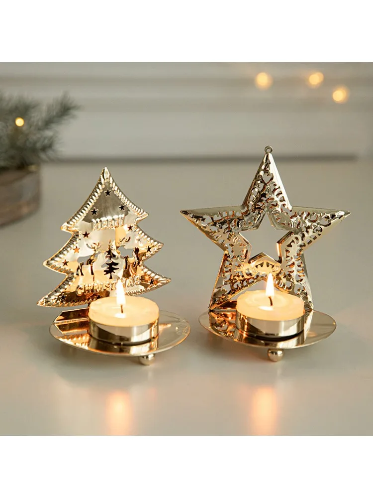 Golden Hollow Christmas Candlestick European Style Iron Candle Holder Bedroom Living Room Table Decoration Party Festival Gift