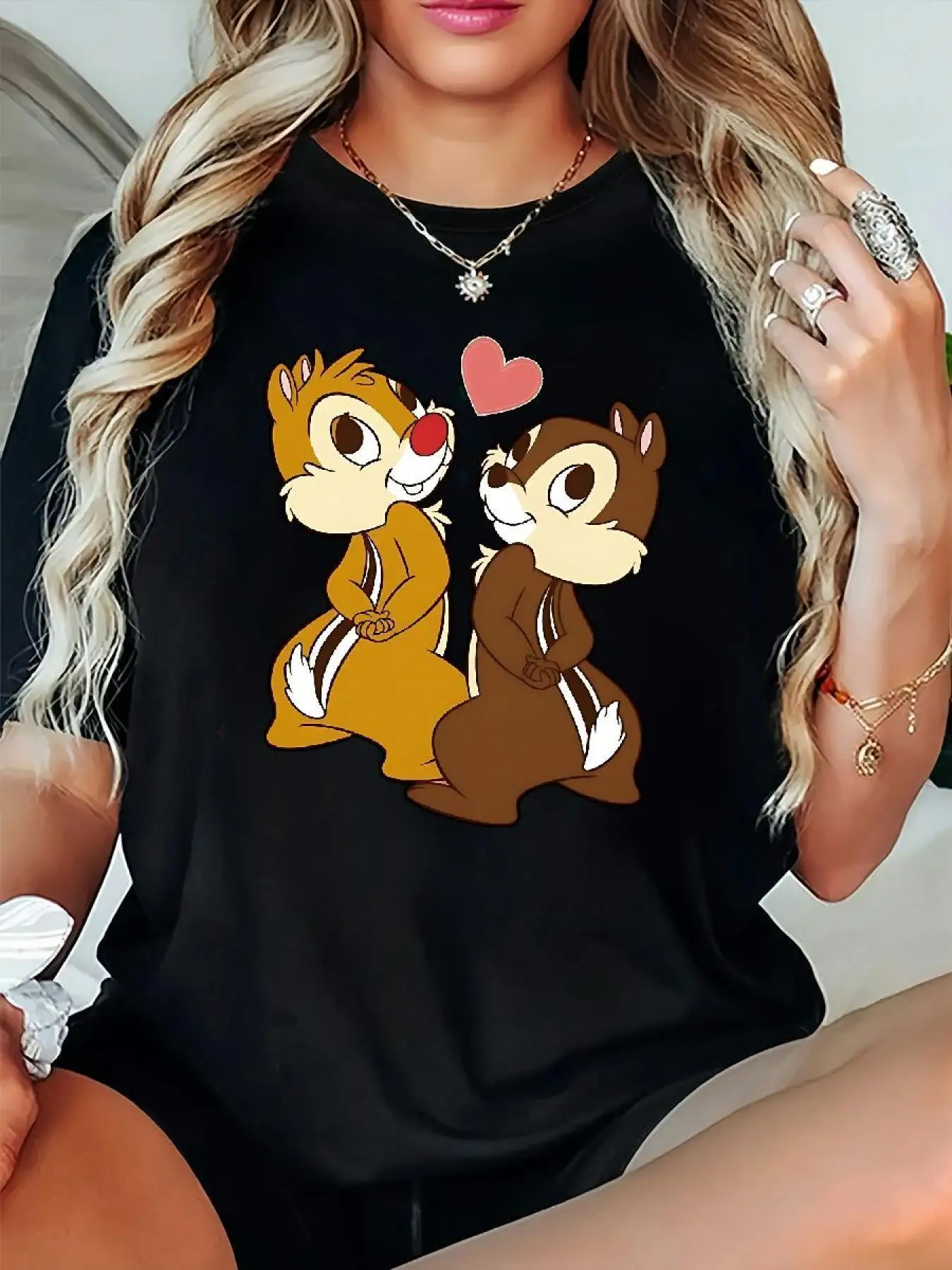 

2025 Disney Pattern Printed Women's Casual Comfortable Unique Smiling Face Black Round Neck Short Sleeve T-shirt