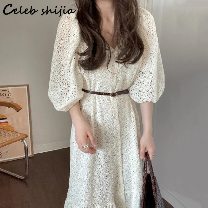 

Hook Flower Hollow Dress Woman Apricot Lace Spring Vintage Dress Bodycon Female Long-sleeve Elegant Korean Clothing Women