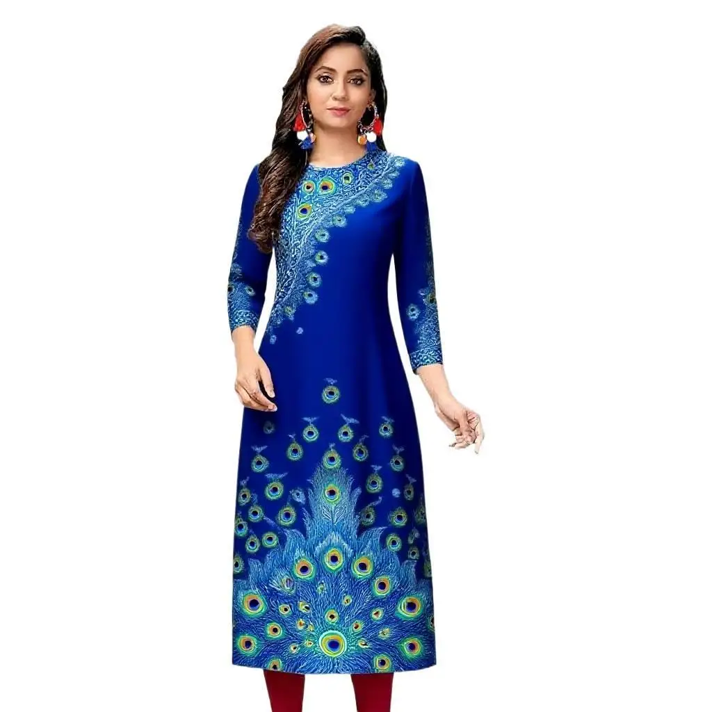 Sukienka Kurt damska, modna i elegancka, z długim rękawem, o prostym kroju, codzienna, z okrągłym dekoltem, kolorowa sukienka z wzorem pawiego pióra.