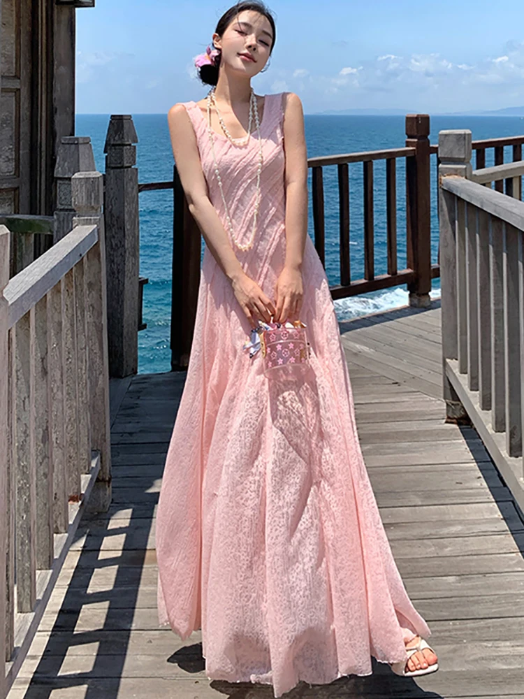 2025 Nuovo pizzo rosa jacquard chic fionda abito lungo sexy estate Boho elegante casual Holiady vestito da donna coreano aderente vestito da partito