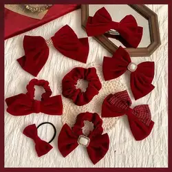 Fashion Festive Red Bow Scrunchies Hairpin for Women Christmas New Year Elastic Hair Bands Scrunchy Clip Pin Hair Accessories