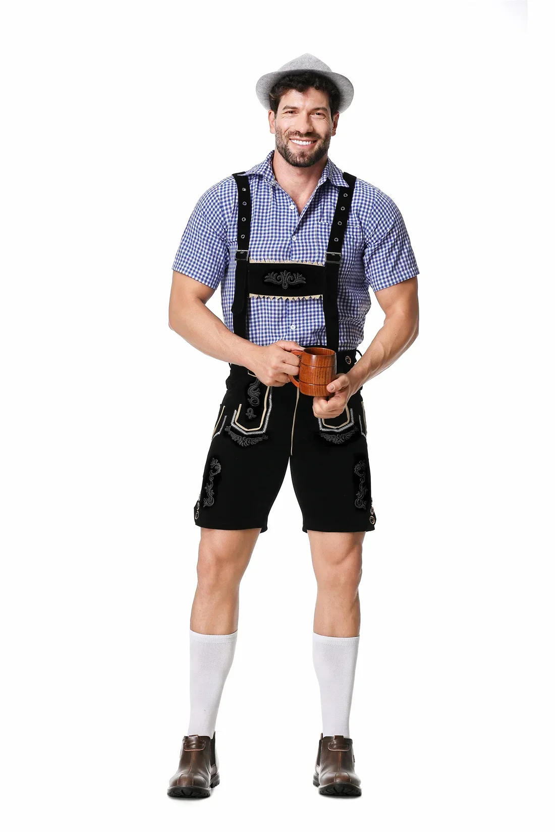 Male German Oktoberfest Lederhosen Costume Short Sleeve Suspenders Rompers Shirt Hat Bavarian Beer Festival Men Cosplay Outfit