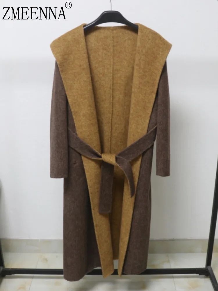 

ZMEENNA Womens Wool Blend Coat Long Hooded Open Front Style Warm Overcoat With Tie Waist Belt Brown Camel Autumn ZM4308