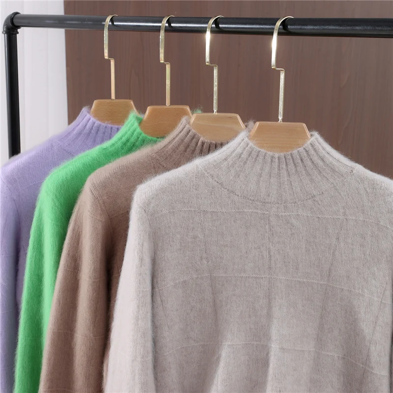 Women 100%Mink Cashmere Sweater Autumn Winter Thick Mockneck Cardigan Cable Knitting Simple Soft Warm Comfort Knitwear Top