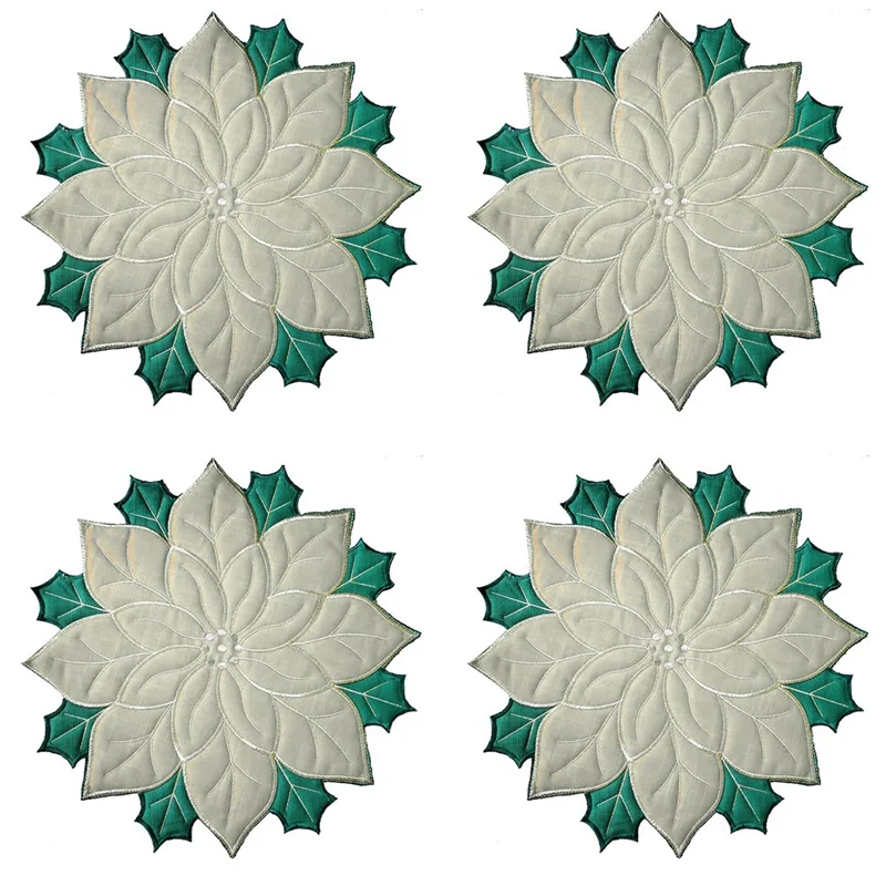 ABSS-Holiday Christmas Embroidered Placemats Applique Poinsettia Placemats Christmas Flower Placemat For Table Decoration