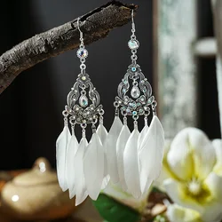 Vintage Palace Style Rhinestone Flower Feather Earrings for Women Ethnic Elegant Long Hollow Out Dangle Earring Female Jewelry