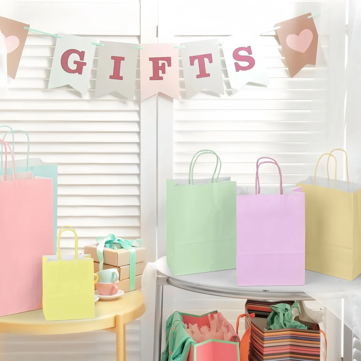 6/12/24 Stück Pastellfarbene Kraftpapier-Geschenktüten mit Griffen, Makronen-Farbene Partytüten für Geburtstag, Valentinstag, Ostern, Babyparty – Detail 7
