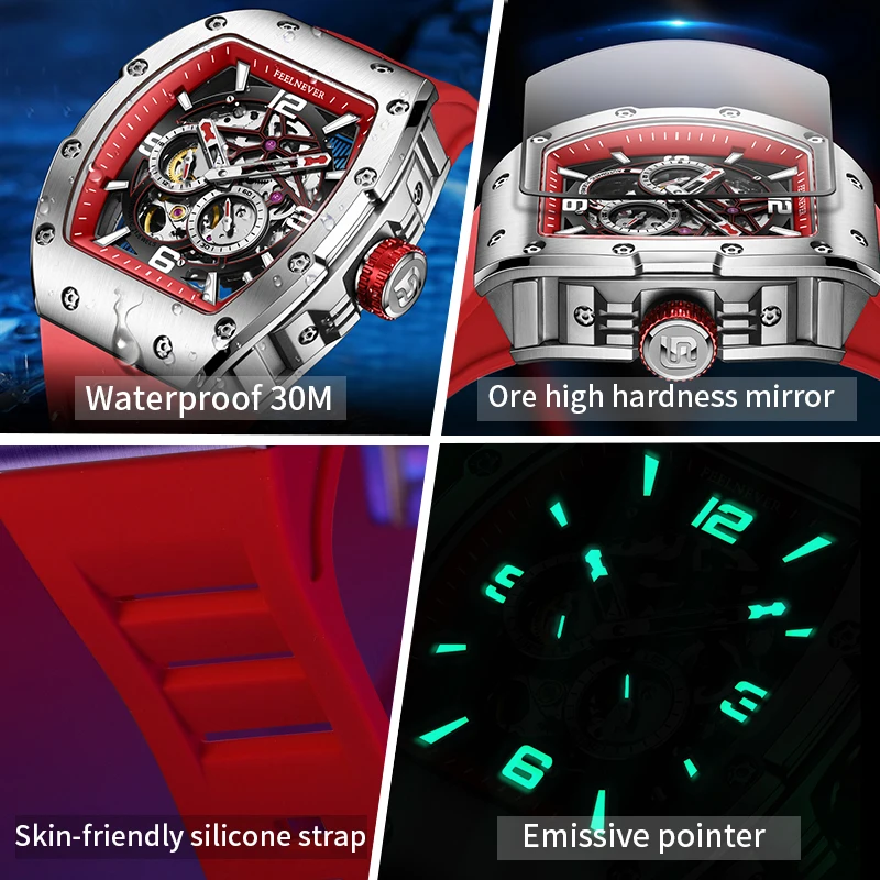 FeelNever Men Watch Brand Tonneau Automatic Mechanical Luminous Original Hollowing Out Movement Sapphire Independent Second Dial view 3