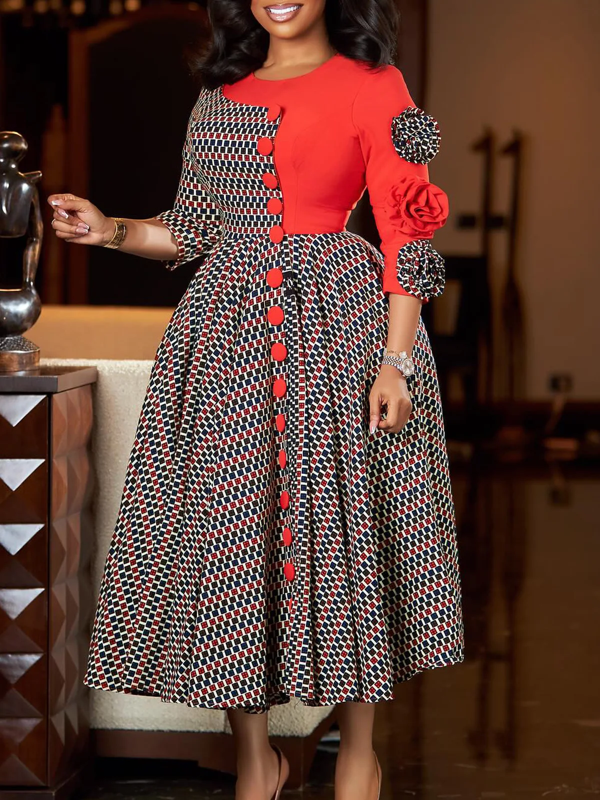 

Women's 2025 new style fashionable, elegant and stylish round-neck three-quarter sleeve printed patchwork dress