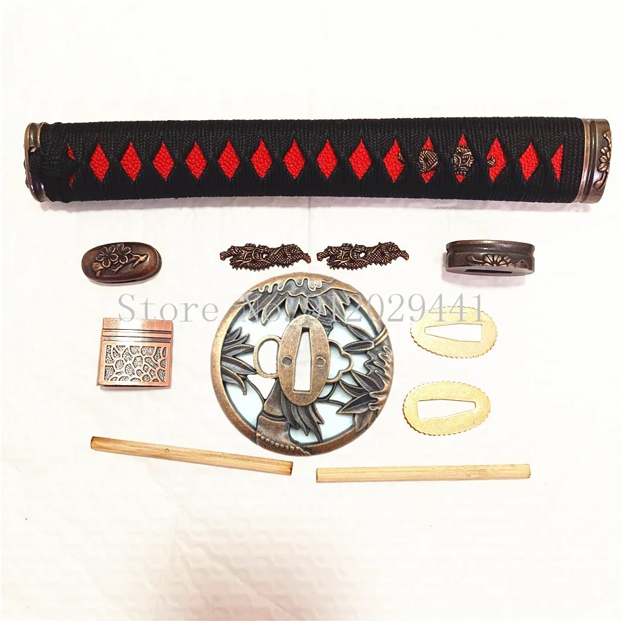A Set Alloy Sword Guard for Japanese Katana/Wakizashi Fittings Set Tsuba+Menuki+Fuchi+Kashira+26cm Handle+Habaki+Seppa