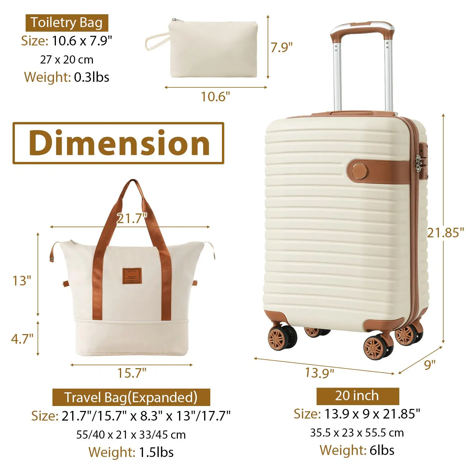 3-Piece Lightweight Hardshell Luggage Set - Airline Approved 22x14x9 Suitcases with Wheels, 20-Inch Cream Color