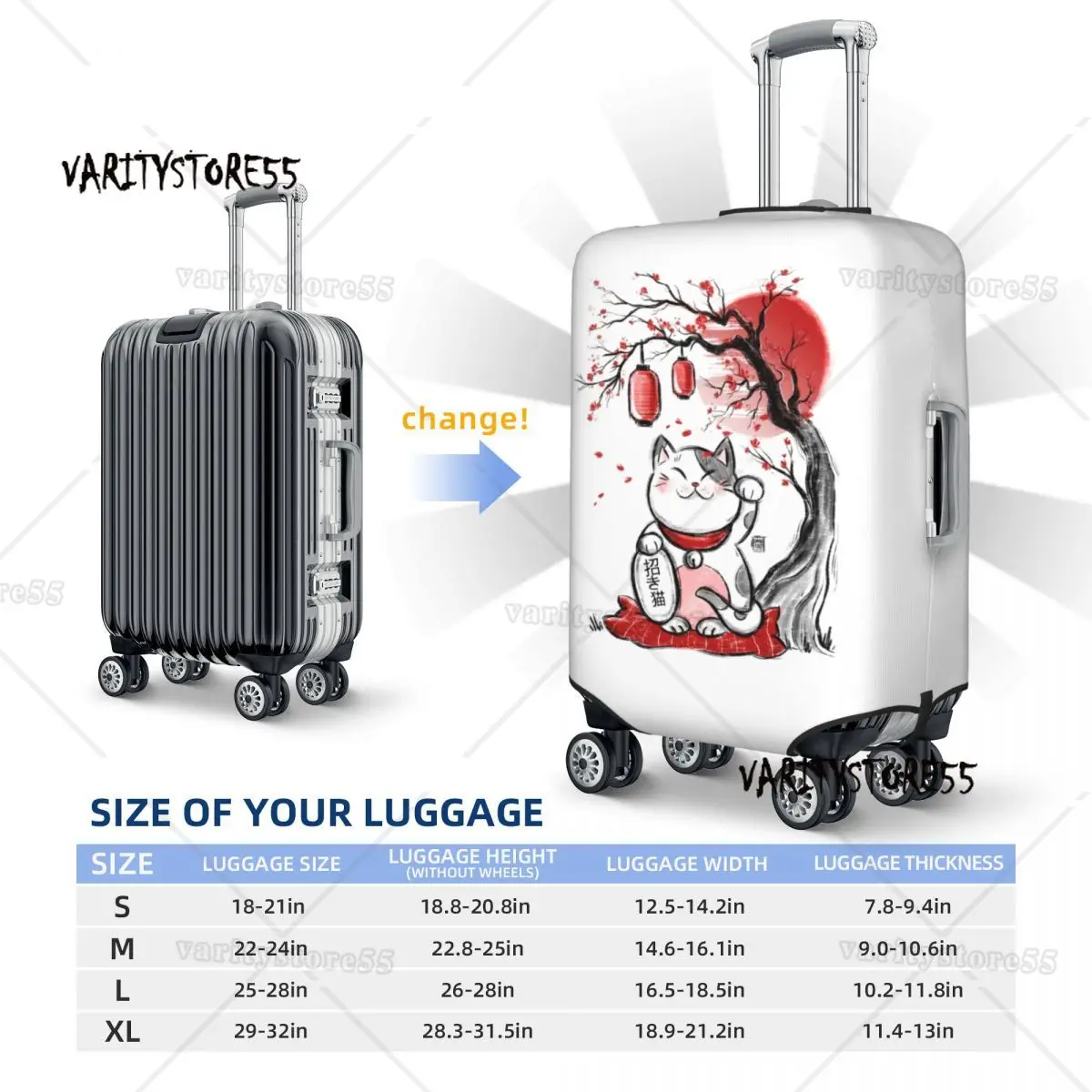 Custom Maneki Neko Sakura Flowers Luggage Cover Protector Lucky Cat Cherry Blossom Suitcase Protective Cover for 18-32 Inch