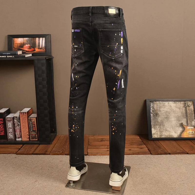 

Уличный дизайнер Модные мужские джинсы Ретро Черные Серые эластичные облегающие винтажные рваные джинсы Мужские окрашенные джинсовые брюки в стиле хип-хоп Hombre