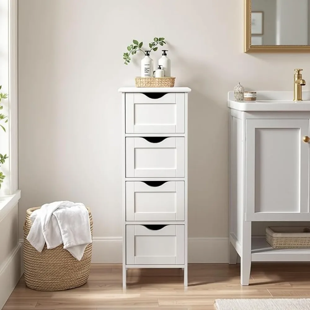 

Bathroom loor Storage Cabinet,White 12 Inch Wide Deep Small Storage Organizer with 4 Ders, Wooden ern Thin ree Standing