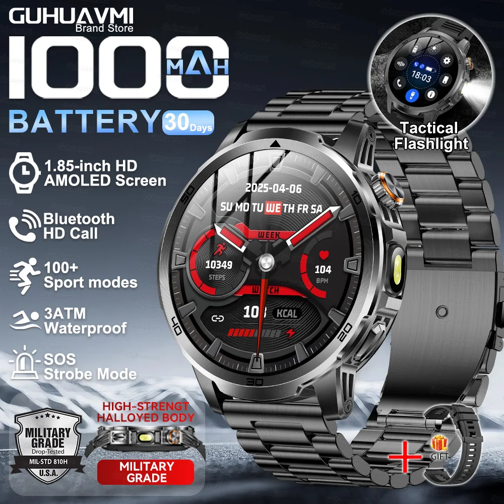 2026 Nieuwe Militaire Outdoor Smart Watch 1.85 '' AMOLED 1000mAh Grote Batterij 5ATM Waterdicht Spraakoproep Sport Mannen Fitness Bracel