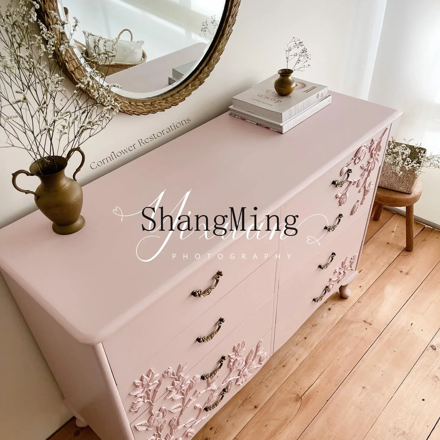 

FG retro solid wood pastoral hand-carved pink living room wall chest simple bedroom storage