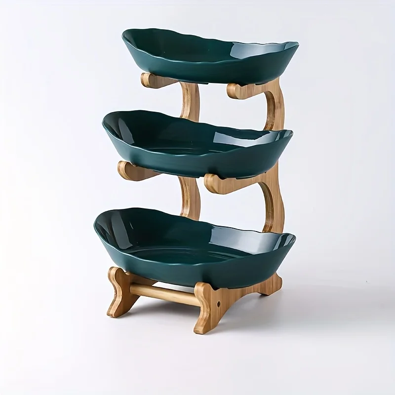 Wooden Fruit Stand - 3 Tier plastic Fruit Bowls with Wooden Stand used for Kitchen,Dining hall, ect.