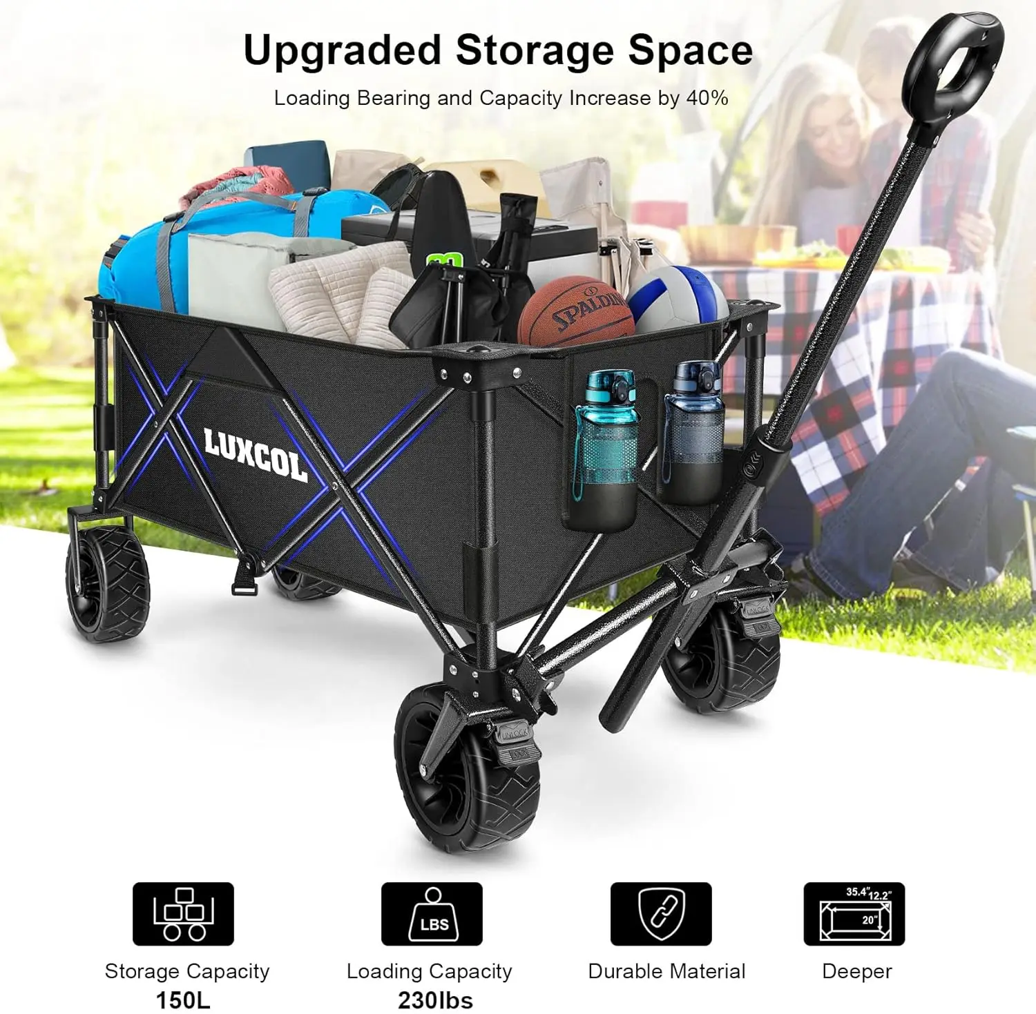 Luxcol Collapsible Folding Wagon, Heavy Duty Utility Beach Wagon Cart For Sand With Big Wheels, Adjustable Handle&Drink Holders