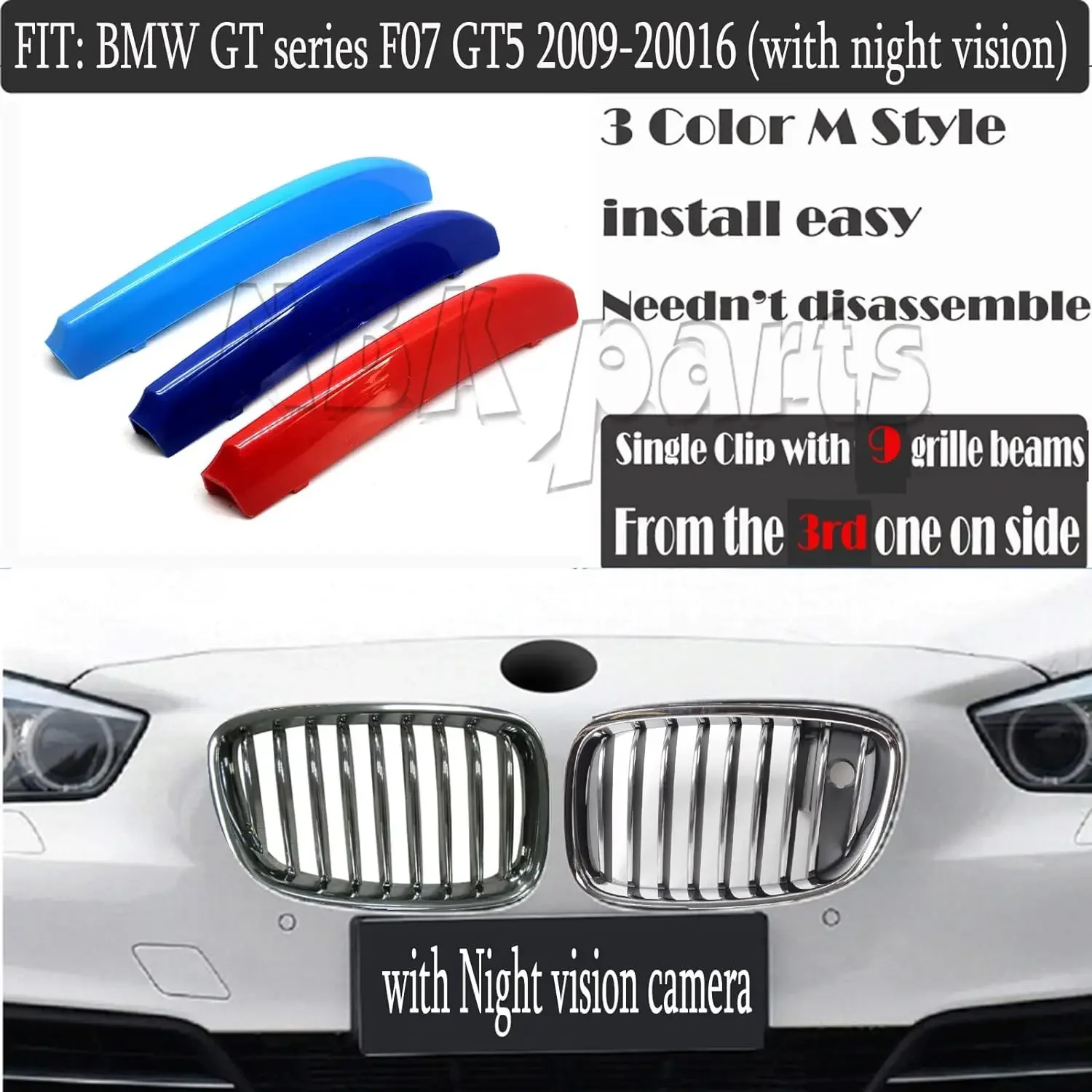 Fit 09-16 BMW 5 GT Series F07/LCI GranTurismo M-SPORT Design 3-Color Kidney Grille Clip Stripe Insert Trim Racing