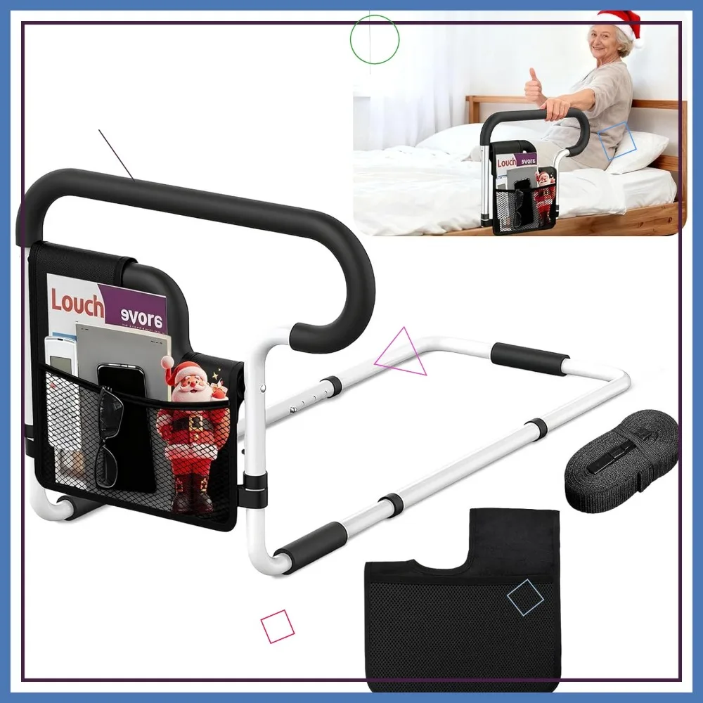 Riel de seguridad para cama ajustable para personas mayores con bolsillos de almacenamiento, soporta 300 libras, se adapta a todos los tamaños de colchón