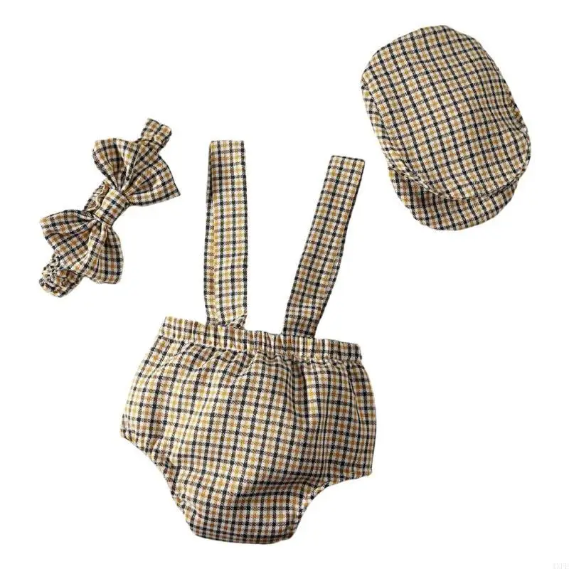 ملابس احتفالات حديثي الولادة للأولاد بنطال بحزام مربعات مع قبعة وربطة عنق لالتقاط الصور من عمر 0 إلى شهر واحد #3