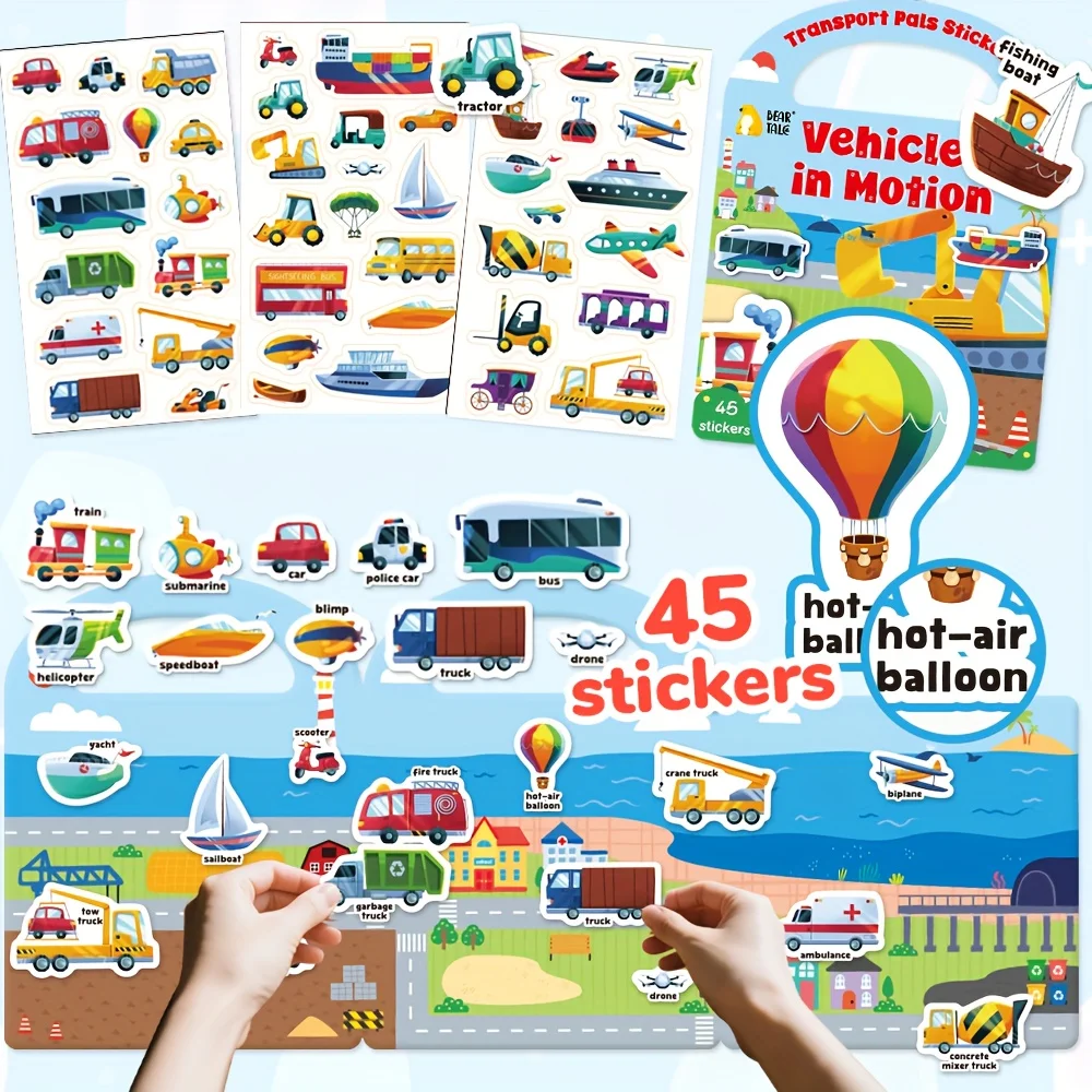 Veículos de transporte adesivos para crianças reutilizáveis coleção livro animal carro diy brinquedo presente para meninos meninas adolescentes