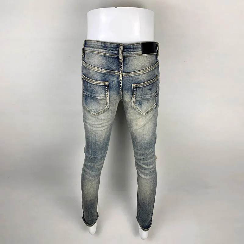 High Street Fashion Men Jeans Retro Washed Blue Stretch Skinny Fit Ripped Jeans Men Patched Designer Hip Hop Brand Pants Hombre
