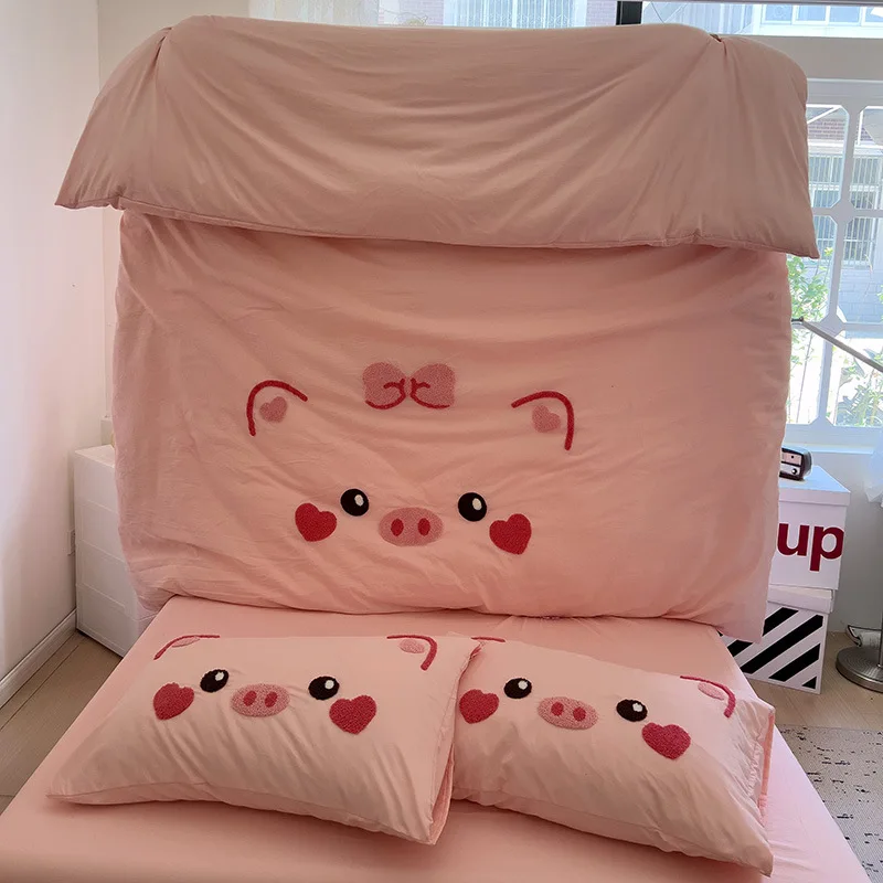 Cute Pig Bedding Set Embroidery No Filler Soft Ins Single Queen Size Duvet Cover Flat Sheet Pillowcase Girls Home Bed Linens