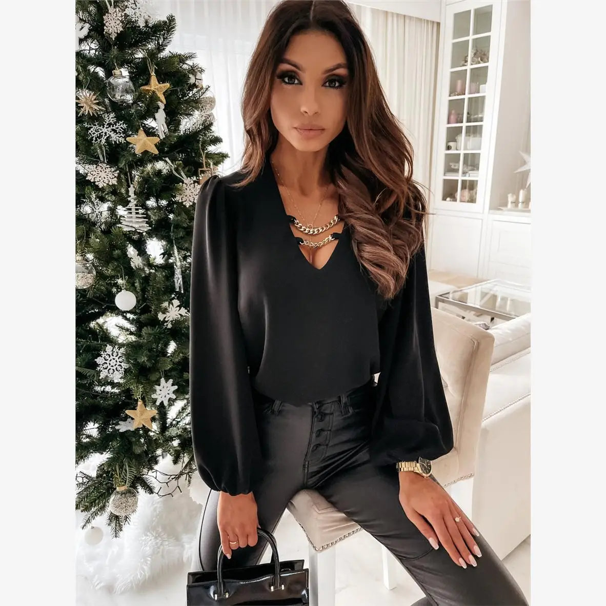 Faionable v-ne irt col femme décoration haute qualité trajet Sle coupe droite longue Sve couleur Pure équipage Ne