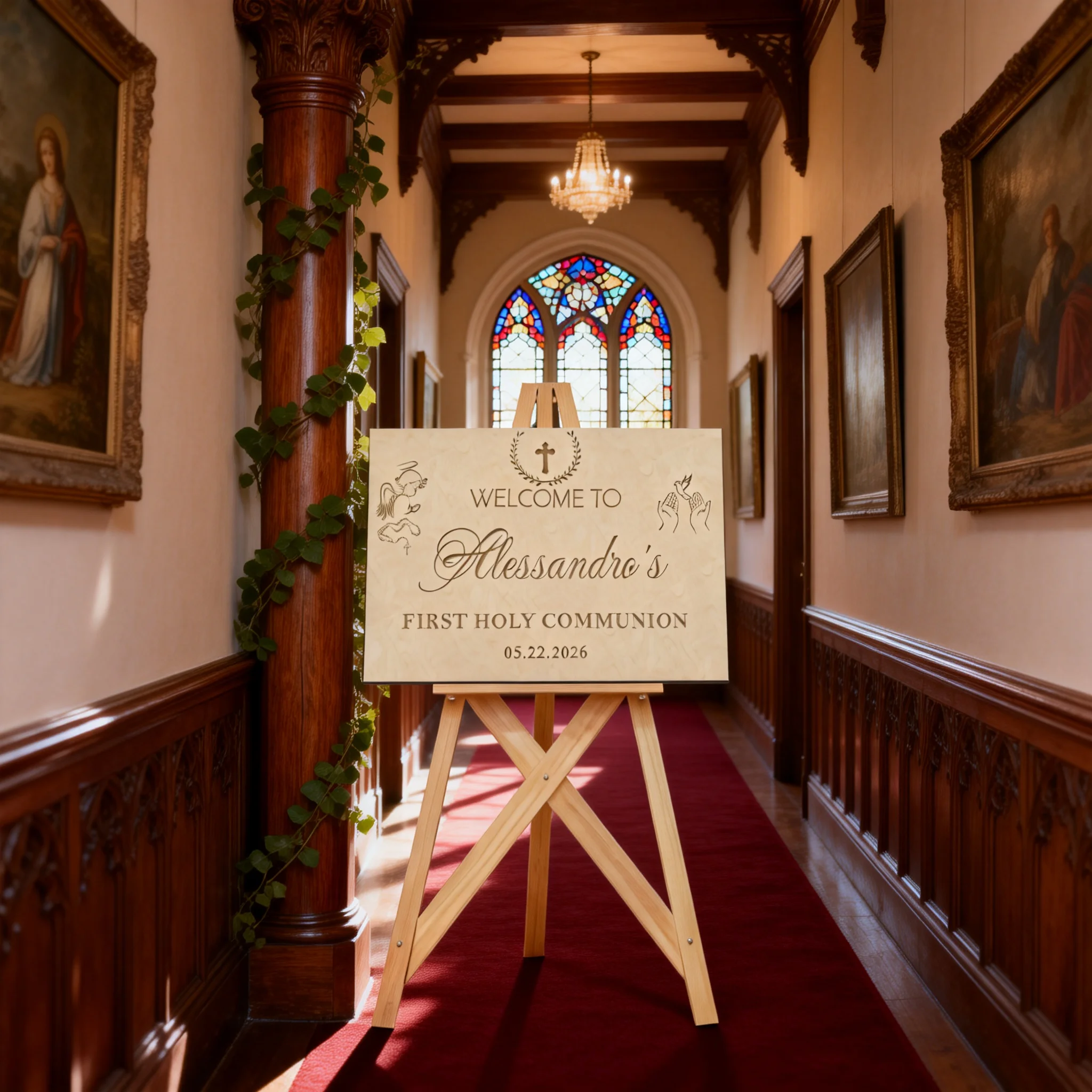 1PCS 39x27.5cm Personalized Wooden Welcome Sign, Custom Name & Date Engraved Cross Angel Dove Design for First Communion Baptism