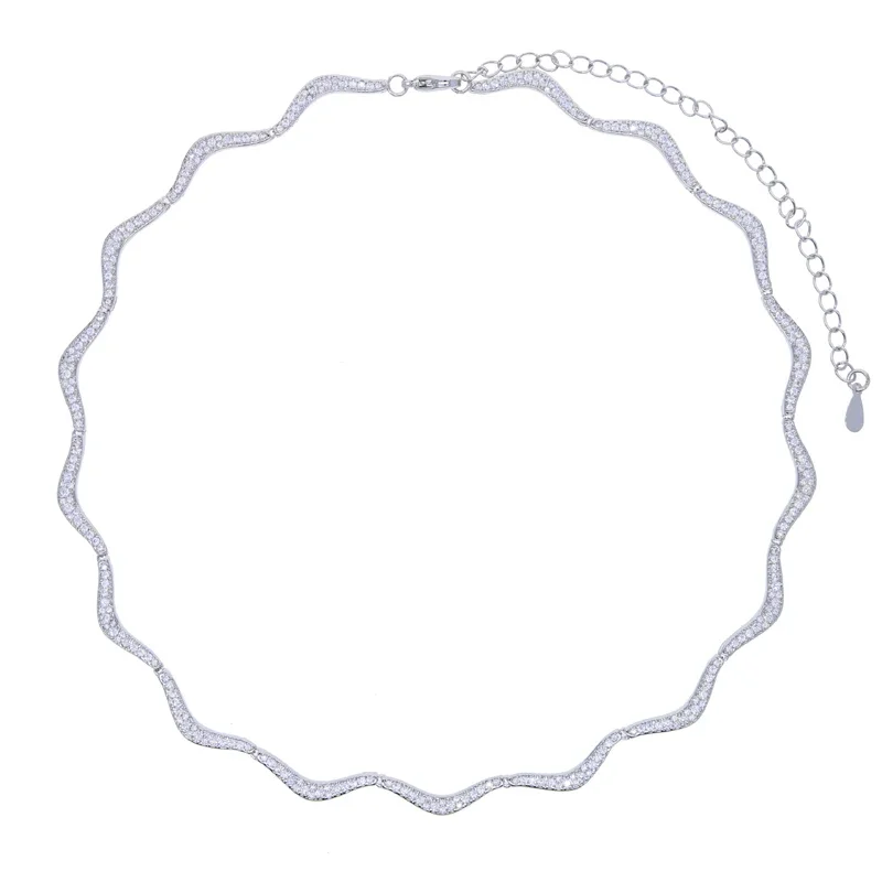 Micro Paved Sparkling Clear 5A Cubic Zirconia CZ Thick Wave Charm Link Chain Choker Necklace for Women