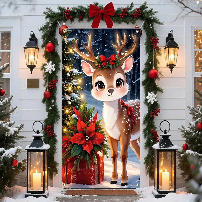 2D Flat Printed Christmas Reindeer Gift Poinsettia Tapestry Door Cover Indoor Outdoor Door Curtain Wall Hanging Decor for Home E