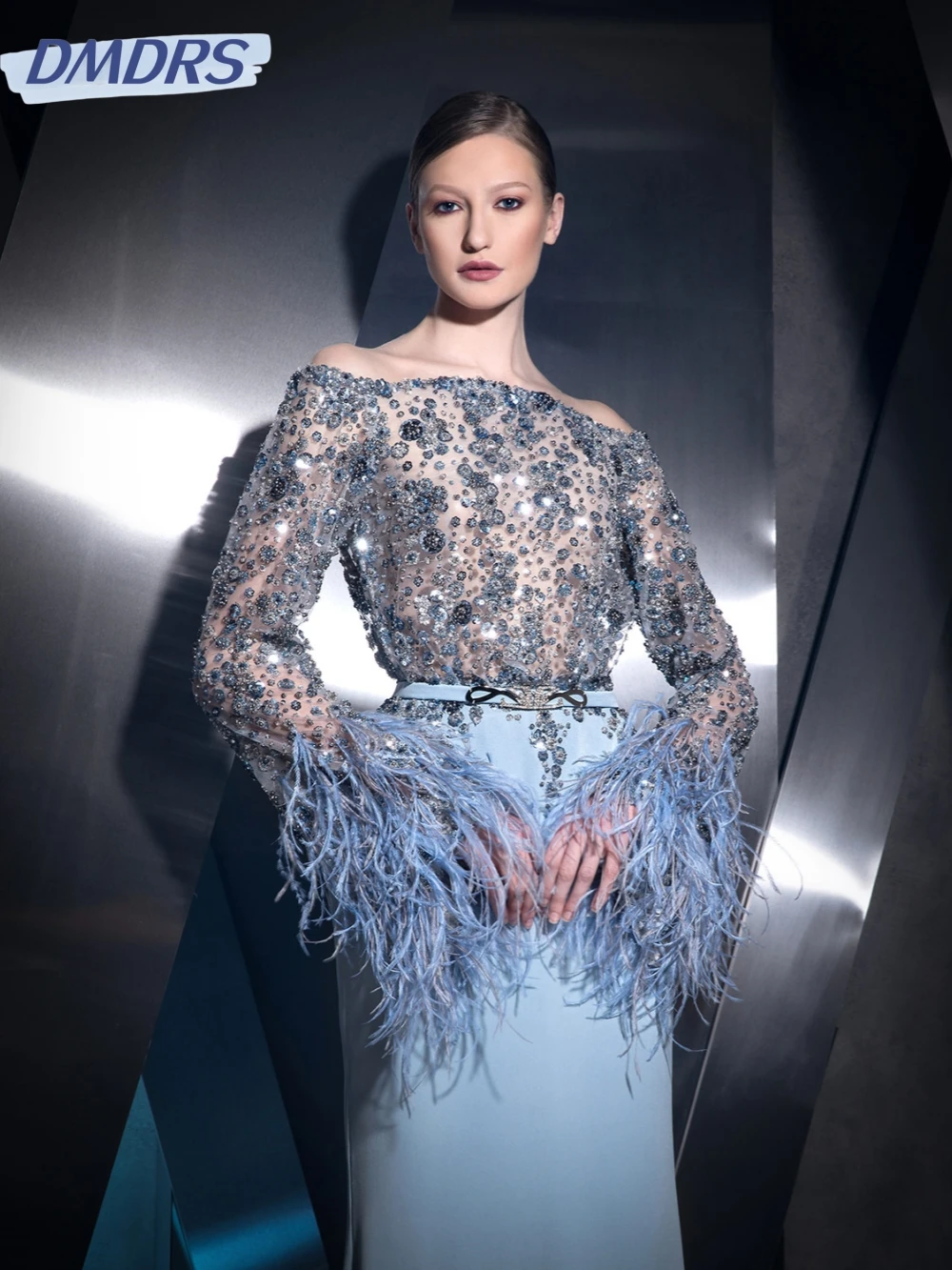 Azul lantejoulas penas em linha reta vestido de noite longo para as mulheres elegante fora do ombro vestido de festa de casamento personalizado vestidos de baile