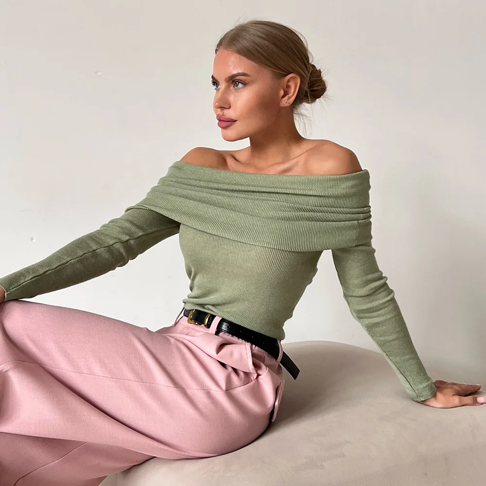 

Off-shoulder Knit Sweater 2025 Spring Women's Sexy Slim Fit Solid Color Pullover Off-shoulder Long Sleeve Knit Sweater