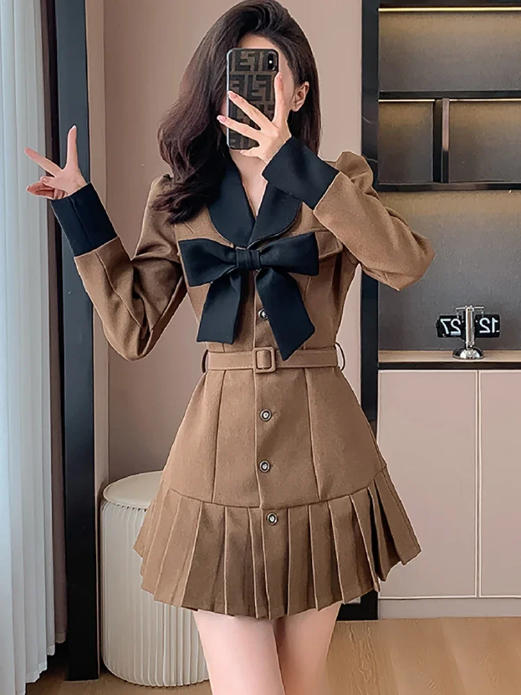 2024 New Chic Bow Y2k Mini Pleated Dress Women Long Sleeve Bodycon Casual Prom Clothes Autumn Winter Korean Elegant Party Dress