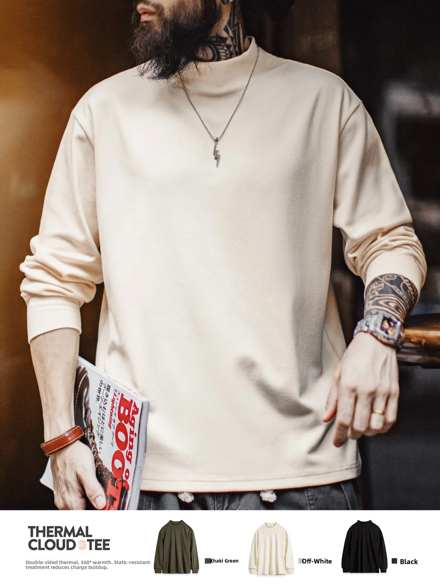 

Maden Men's Thermal Underwear Long Sve Base irt Thiened f High Collar Casual Workwear Inner Wear Polyester Fiber