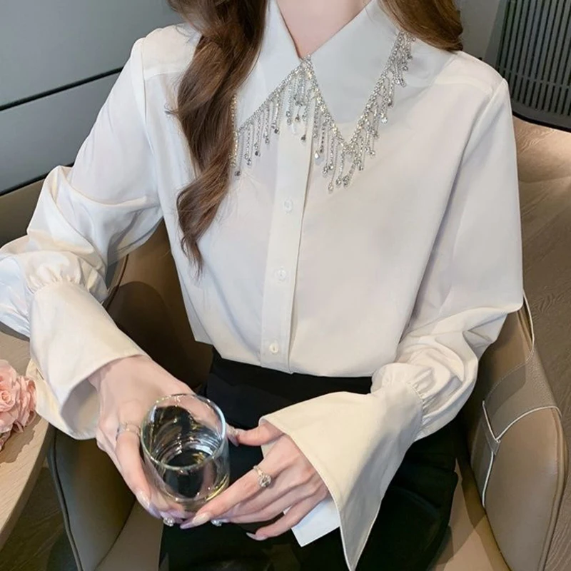 

Luxury Tassel Beaded Women Shirts 2025 Spring Elegant Temperament Long Sleeve Blouses Office All-match Button-up Solid Blusas