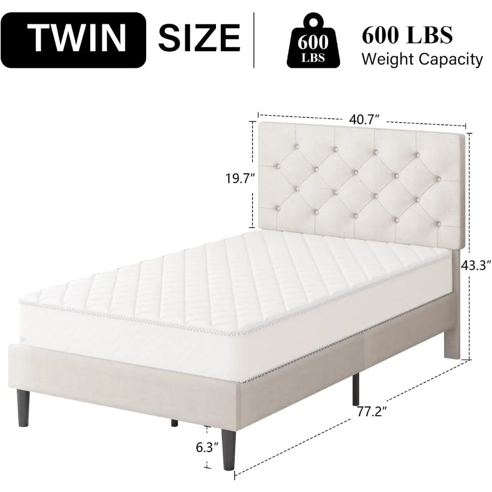 Twin Size Bed Frame, Linen Fabric Upholstered Bed Frame with Headboard, Twin Bed Frame with Wood Slats, Button Tufted