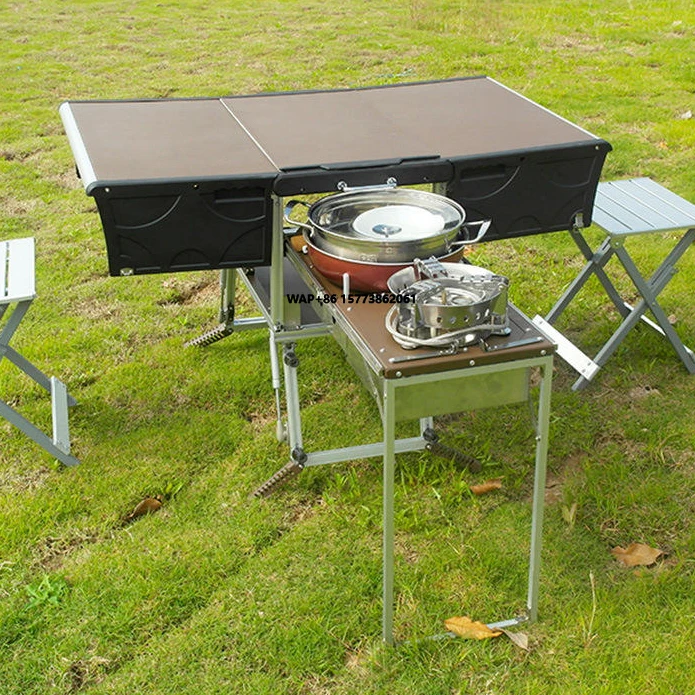 

Portable Outdoor Folding Food Trailer Mobile Kitchen Foldable Cooking Grill Dining BBQ Picnic Table and Chair Set for Camping